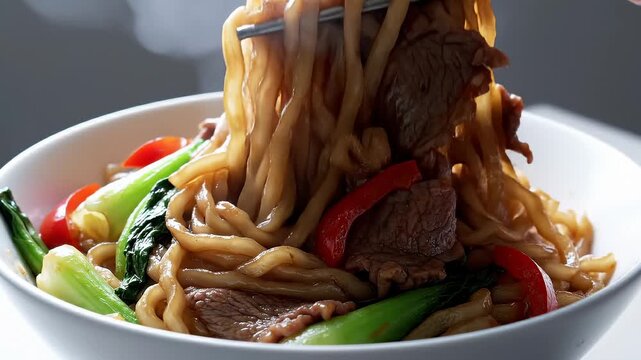 Close-Up of Steaming Beef Noodles With Bok Choy and Red Peppers Being Lifted With Chopsticks