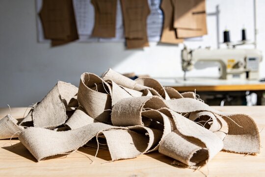Modernes Modedesign aus recycelten Textilien, Stoffproben und Schnittmuster in einem hellen Atelier, nachhaltiges Modedesign Konzept