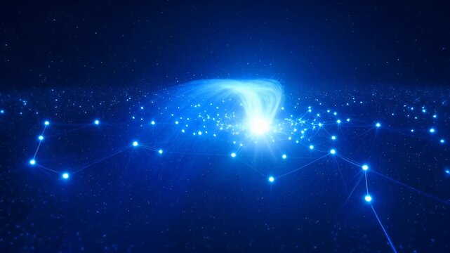 Bright network nodes connected across glowing blue digital galaxy luminous data points flowing energy conveying futuristic technology connectivity bright blue network of glowing nodes connecting