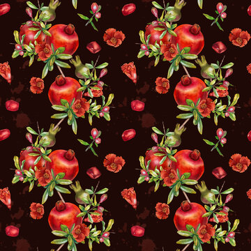 Watercolor seamless pattern whole pomegranates open fruit seeds flowers buds and leaves on a white background. Illustration for packaging kitchen decor cosmetics Jewish holidays and Rosh Hashanah.