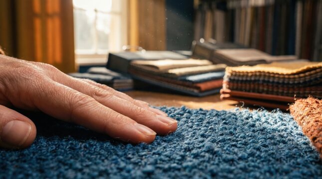 OpeClose-up view of a hand gently placed on a blue textured fabric swatch, with an array of fabric samples and swatches visible in the background, illuminated by soft natural light from ned ingredient
