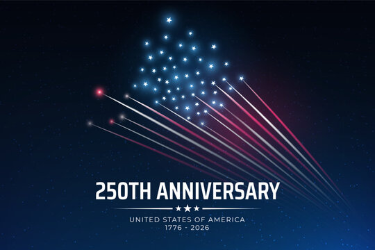 250th anniversary of the USA. 250 years independence. Banner 4th of july usa independence day. American colorful fireworks, dark sky background. Fireworks US flag. Fourth of july. Vector illustration
