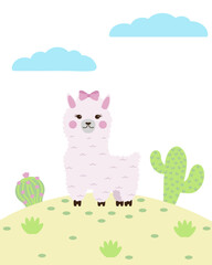 Fototapeta premium Cute llama with a pink bow and cacti