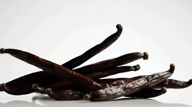 Dark, textured vanilla beans arranged in a crisscross pattern on a reflective white surface