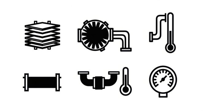 Set of industrial black line icons depicting HVAC and plumbing components, including filters, pumps, various pipe fittings, thermometers, and pressure gauges for engineering and system design