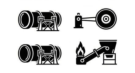 Fototapeta premium Collection of industrial pipeline and power generation icons representing oil and gas industry infrastructure and equipment