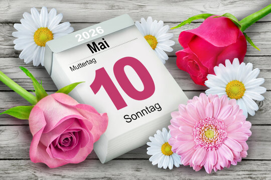 Deutscher Kalender Datum 10. Mai  2026  Muttertag mit Blumen