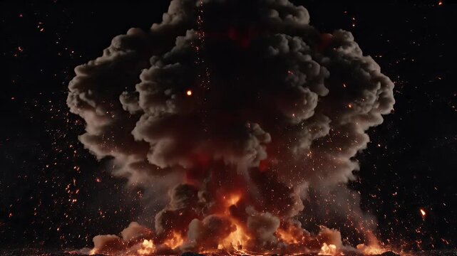 A powerful, fiery explosion erupts against a dark, starless sky