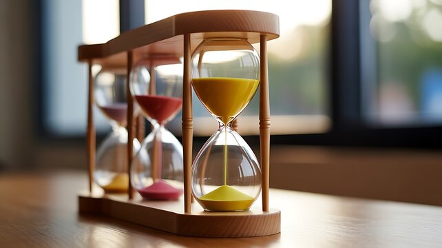 Hourglass timer with colored sand on wooden table