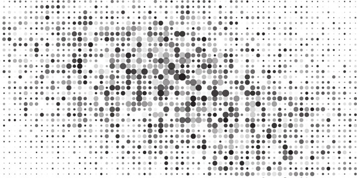Dotted halftone gradient pattern texture. Black random polka dots seamless background. Mixed small and big circles. Smooth gradation grain. Ink splashes. Abstract vector illustration