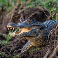 Fototapeta premium A close-up portrait of a young crocodile. A close-up of a crocodile resting on the shore, capturing the serene beauty and danger of the wild, highlighting the subtleties of nature and the predator's f