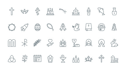 Obraz premium Christian religion thin black line icons set vector illustration. Outline catholic and baptism church and holy Bible, first communion and worship symbols, Christmas and Easter religious celebration