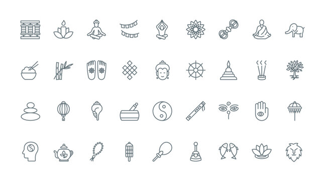 Buddhism thin black line icons set vector illustration. Thai temples and Buddha statue, holistic symbols of zen meditation, wellness and retreat, buddhist and monk spiritual poses for spirit balance