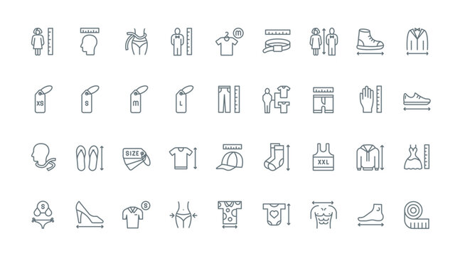 Apparel and shoe size thin black line icons set vector illustration. Tailors guide charts, human body parts and head to measure size of dress and shirt, chest and neck, waist and hip circumference