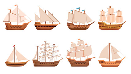Cartoon old sailboats. Traditional wooden vessels and brigantines. Navy, frigates for travel, sea and ocean adventures. Nautical transport sapid vector set © MicroOne