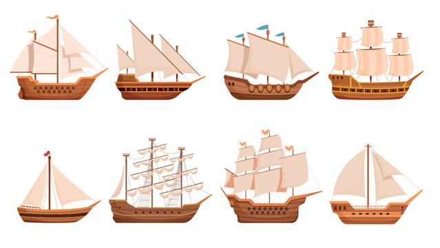 Cartoon old sailboats. Traditional wooden vessels and brigantines. Navy, frigates for travel, sea and ocean adventures. Nautical transport sapid vector set