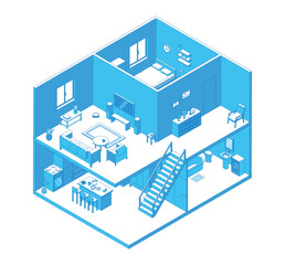 Fototapeta premium Isometric house interior. Two story home with living room, bedroom, bathroom, kitchen. Fully furnished building. Open model for ad, presentation, nifty vector scene