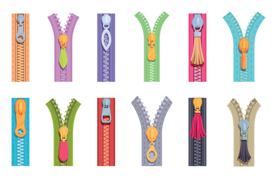 Cartoon zipper. Different bright zippers with metal pullers. Stylish elements for cloth and bags. Puller with thread and leather tassel, sapid vector set