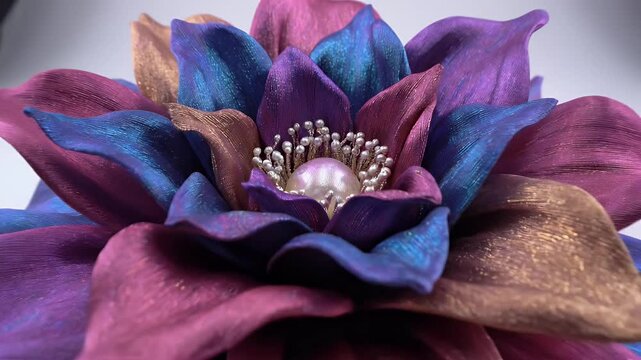 A close-up, vibrant, multi-hued flower with detailed petals and stamen