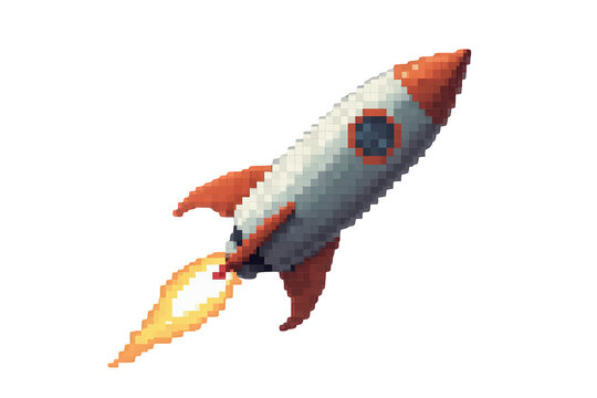 Pixel art rocket launching, spaceship with flames flying, retro video game style transport and space exploration