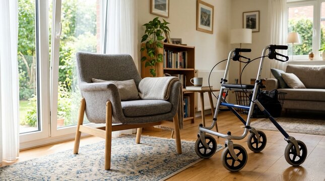 Rollator walker standing in a cozy living room near an armchair and sofa in daylight, home care and accessibility concept for independent mobility and aging in place