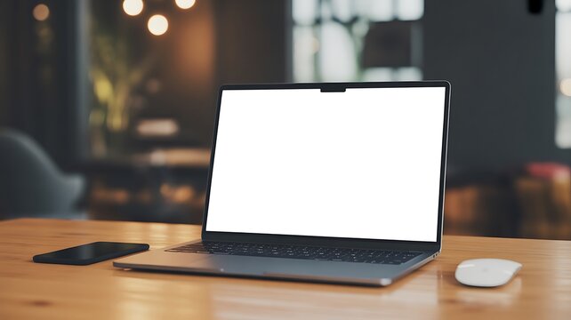 Laptop computer with blank screen on wooden desk with phone and mouse