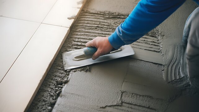 Person laying gray tiles with trowel and cement