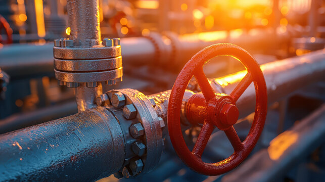 Oil and gas pipeline valve with red wheel and metallic texture glowing in warm sunset light, industrial equipment close up view