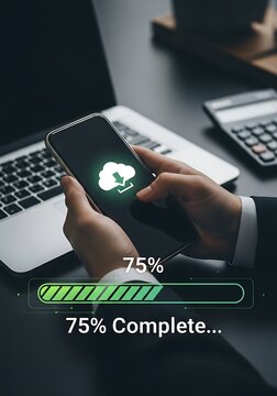 Person holding phone cloud download progress image