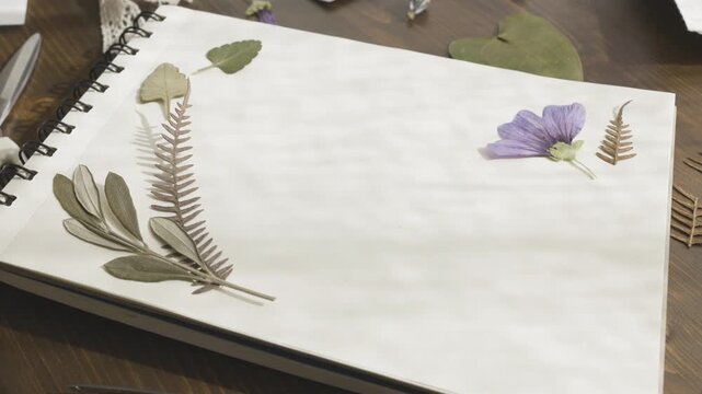 Creating botanical herbarium in blank sketchbook with pressed purple flowers and dried leaves. Flat lay of creative workspace with scissors, tweezers and natural elements on rustic wooden table in