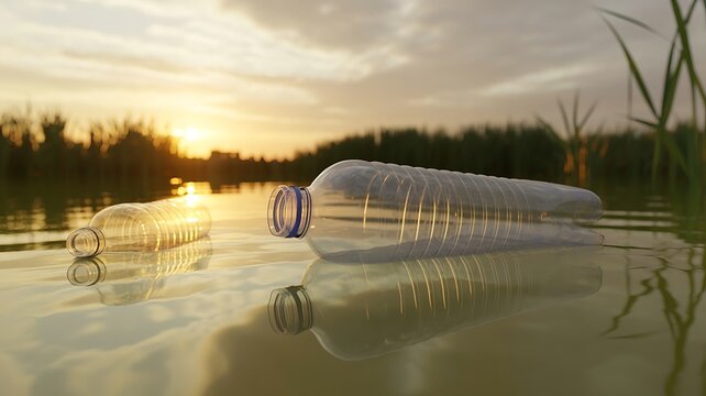 Plastic water bottles in polluted lake at sunset