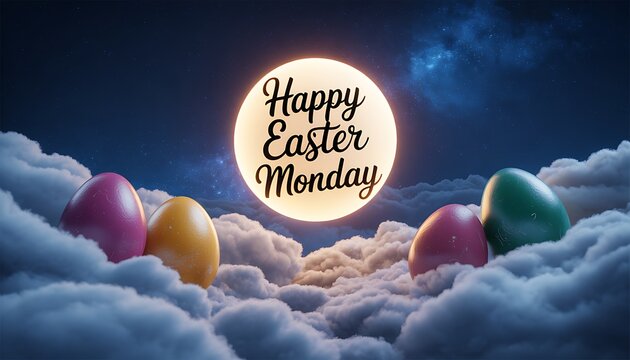 Happy easter monday text illuminated on full moon, surrounded by fluffy clouds and colorful easter eggs in a dreamy night sky