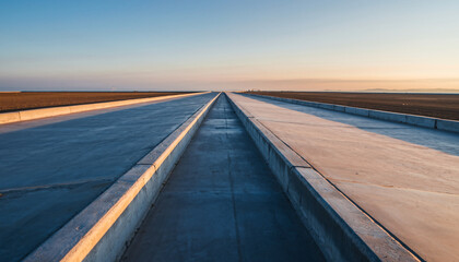 Fototapeta premium Empty highway with concrete barriers extending into the horizon during sunset.