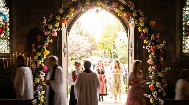 People entering church through floral arch for Easter service. Christian parishioner and clergyman inside temple decorated with spring lily and tulip. Religious holiday celebration concept.