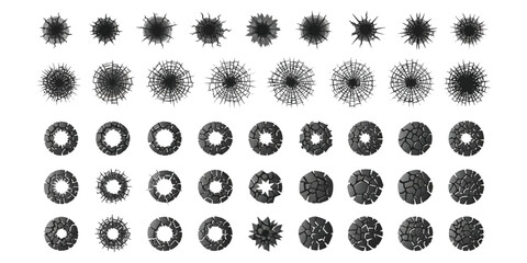 Set of black bullet holes and shattered glass cracks isolated on white ©  creative  marlia