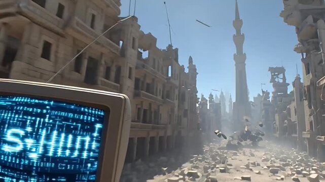 Destroyed cityscape with old computer screen.