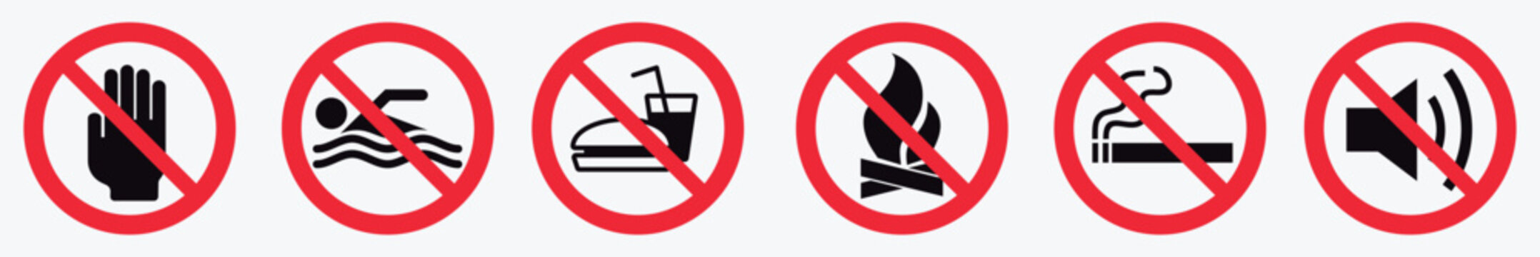 No eating and drinks allowed, No cell phone zone, No smoking symbols, stop, ban or prohibited icon set for public safety notices.Prohibited Icon Set