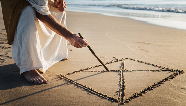 Person drawing a geometric shape on sandy beach with a stick.