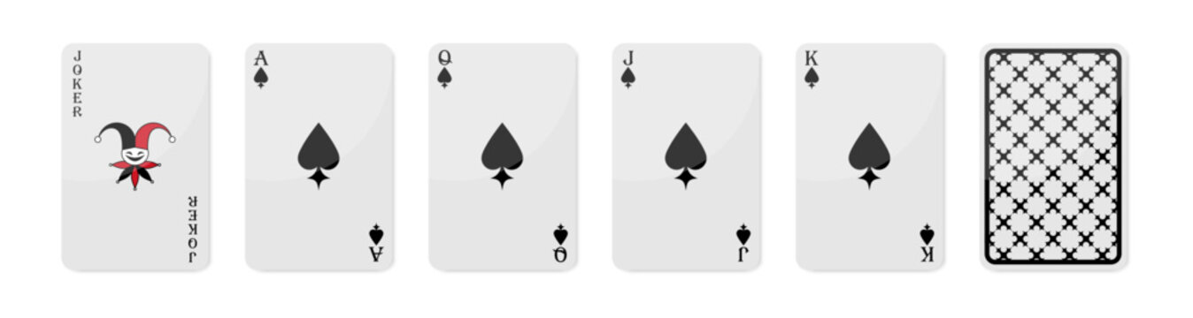Set of high value playing cards of Spades. Joker, Ace of Spades, Queen, Jack and King. Playing cards design set with back side. Vector illustration