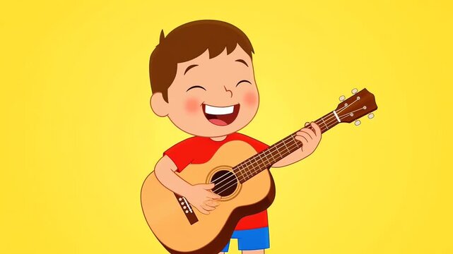 Happy cartoon boy playing guitar on yellow background