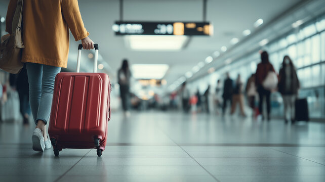 スーツケースを引く旅行者の後ろ姿 空港での出発やインバウンドをイメージした背景素材