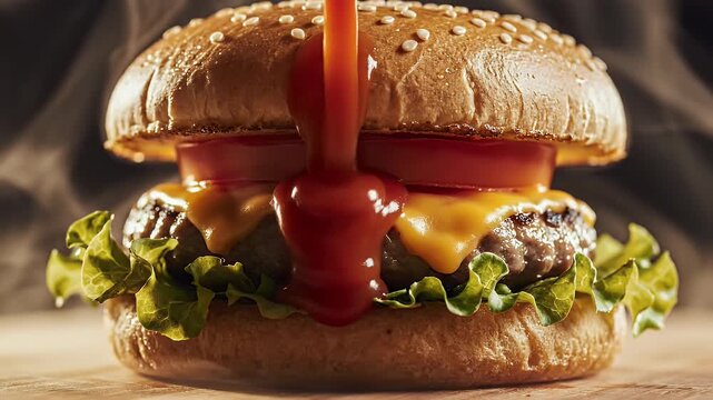 Juicy cheeseburger with melted cheese and a cascade of ketchup, on a seeded bun