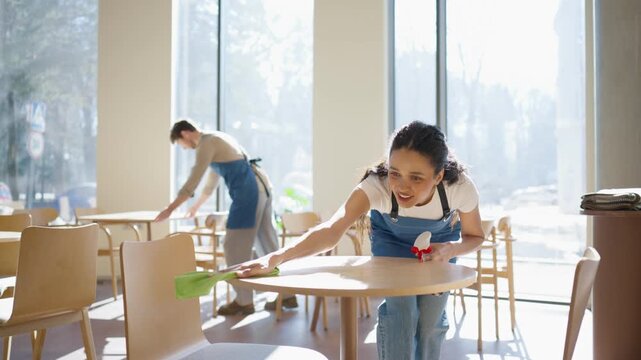Female cafe worker wiping table in restaurant. Woman cleaning table with cloth and holding spray bottle. Workplace hygiene concept. Employee preparing dining space while coworker sanitizing furniture.