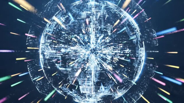 Abstract digital sphere with colorful streaks of light exploding outwards on a dark background