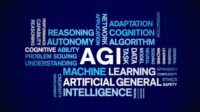 AGI Artificial General Intelligence animated word cloud-gross domestic product animation tag kinetic typography seamless loop.