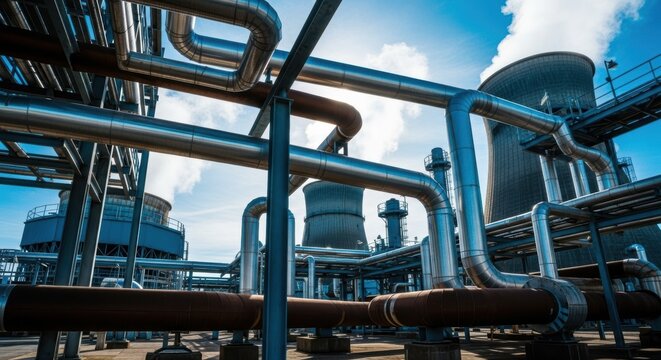 Low angle view of cooling towers and industrial piping. Energy generation facility with steel infrastructure. Power plant maintenance and engineering concept