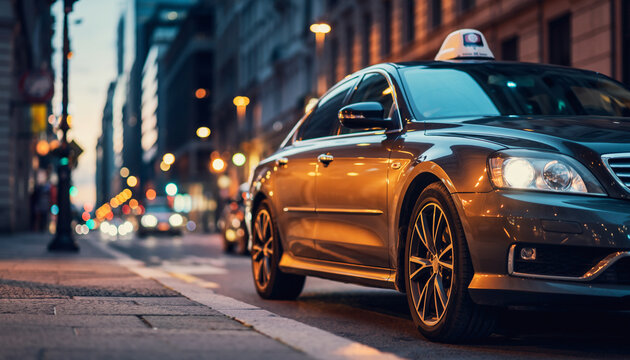 A black taxi car parked on a city street during evening.