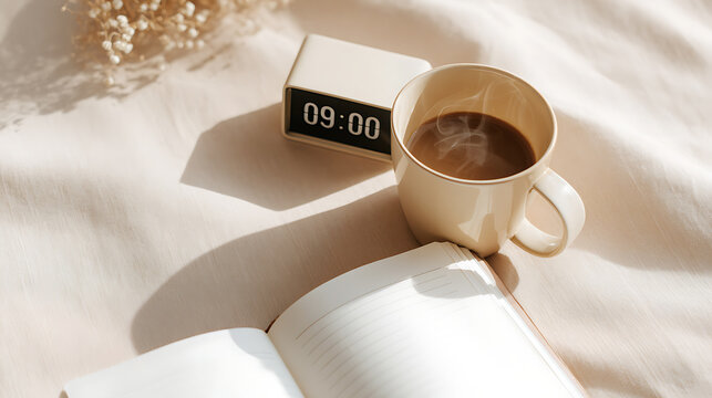 Cozy Morning Routine with Coffee Mug, Open Book, and Digital Clock on Soft Fabric, Warm Light, Leisurely Start to the Day