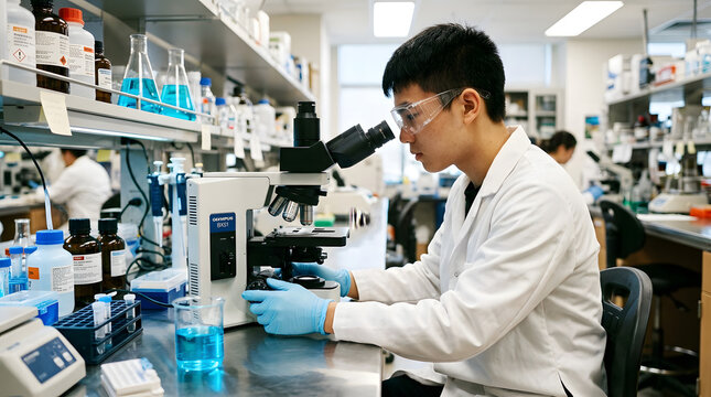 Scientist examining samples under microscope in modern laboratory setting
