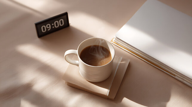 Warm morning light illuminates a steaming cup of coffee next to blank paper stack and a digital clock at 09:00, evoking cozy productivity